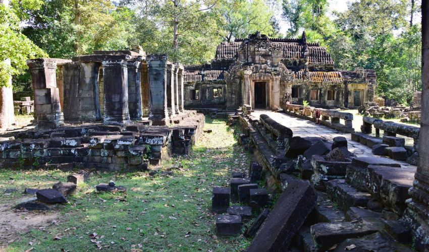 The stone causeway terrace and ruined galleries of Banteay Kdei temple near Blanc Smith Hotel in Siem Reap.