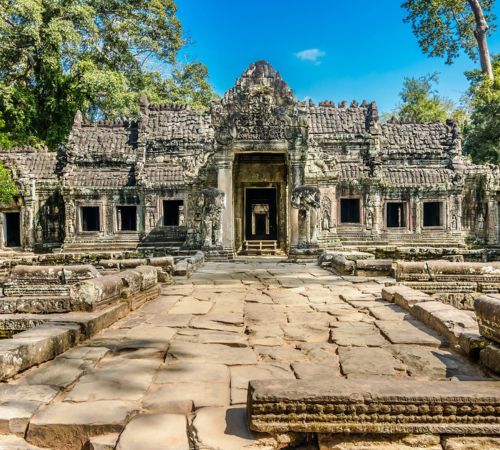 The historic stone entry gallery and causeway of Banteay Kdei temple near Blanc Smith Hotel in Siem Reap.