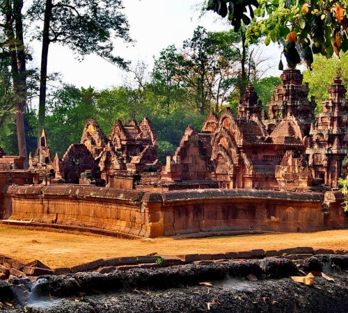 The intricate pink sandstone ruins of Banteay Srei temple near Blanc Smith Hotel in Siem Reap.