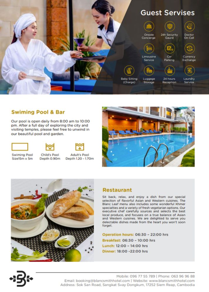 Boutique hotel facilities guide showing guest services icon grid, courtyard swimming pool layout, and restaurant food dishes at Blanc Smith Hotel.