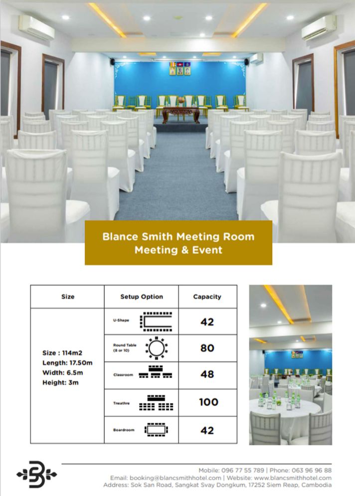 Hotel meeting room layout brochure showing capacity chart, banquet table setup, and classroom facilities at Blanc Smith Hotel.