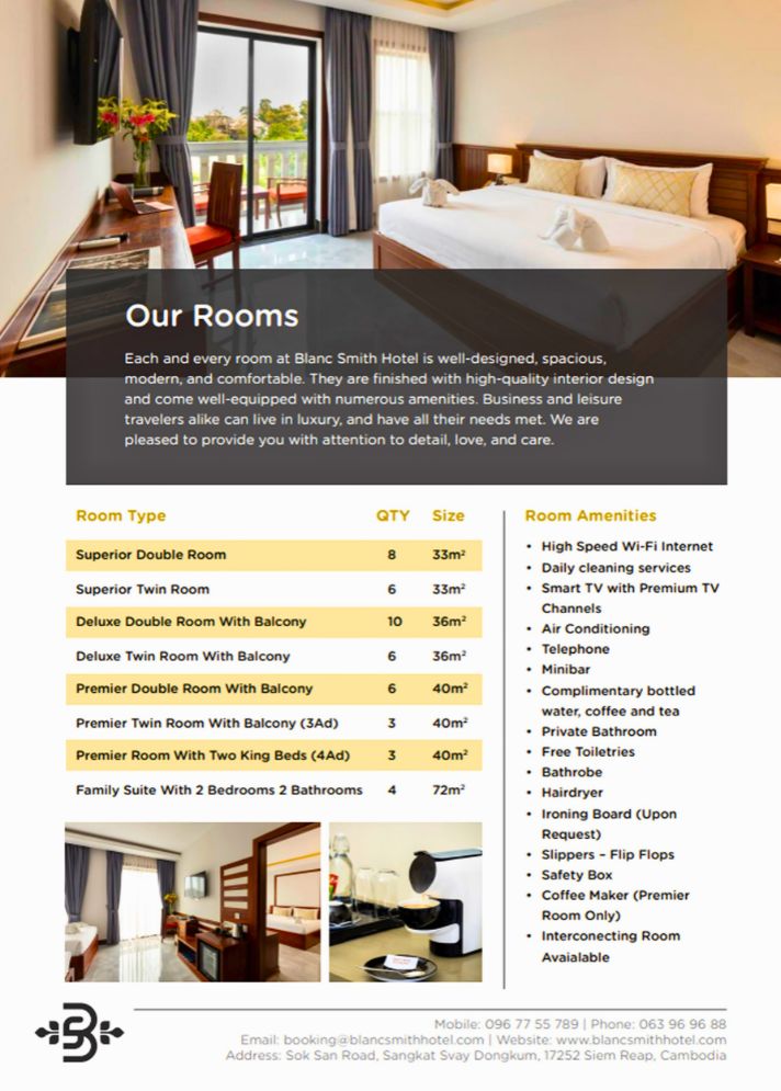 Hotel brochure page detailing room dimensions, bed capacities, and standard guest amenities at Blanc Smith Hotel in Siem Reap.