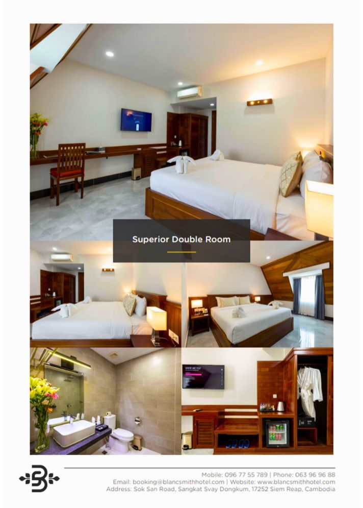 Superior Double Room photo collage displaying hotel bedroom furniture, bathroom vanity glass sink, and mini-fridge bar layout at Blanc Smith Hotel.