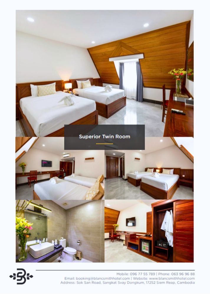 Superior Twin Room photo flyer showing two beds, timber wall panels, glass shower bathroom, and wardrobe amenities at Blanc Smith Hotel.