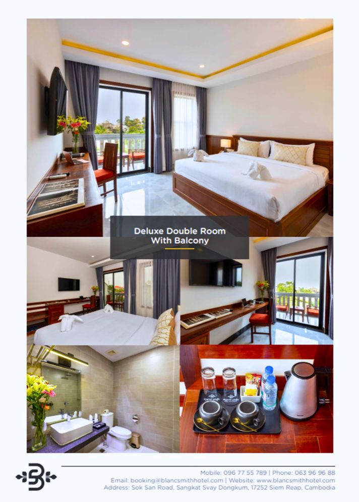 Deluxe Double Room brochure layout showing private balcony views, king bed, writing desk, coffee maker station, and bathroom vanity at Blanc Smith Hotel.