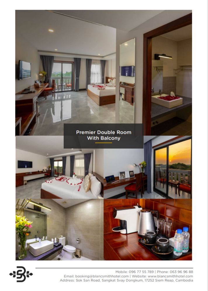 Premier Double Room brochure layout featuring romantic rose petal bed decorations, private balcony, marble flooring, and coffee capsule machine at Blanc Smith Hotel.