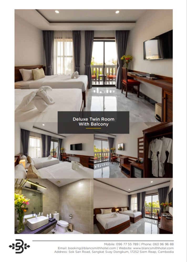 Deluxe Twin Room brochure page showing two single beds, private walk-out balcony, wall mounted television, and wardrobe amenities at Blanc Smith Hotel.
