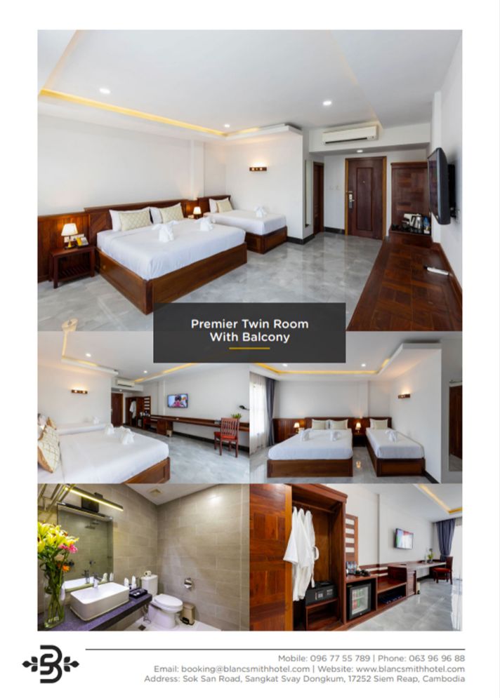 Premier Twin Room brochure page showing double bed and single bed setup, private balcony, glass walk-in shower, and open closet wardrobe at Blanc Smith Hotel.