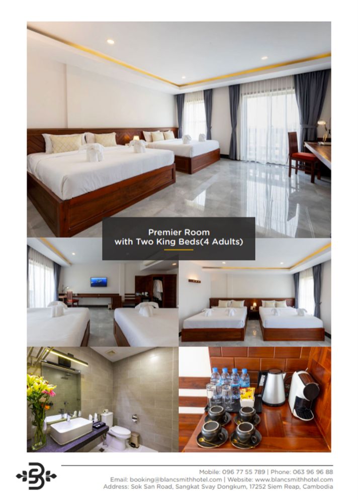 Premier Family Room brochure layout showing two king beds, private balcony, marble flooring, and coffee maker amenities at Blanc Smith Hotel.