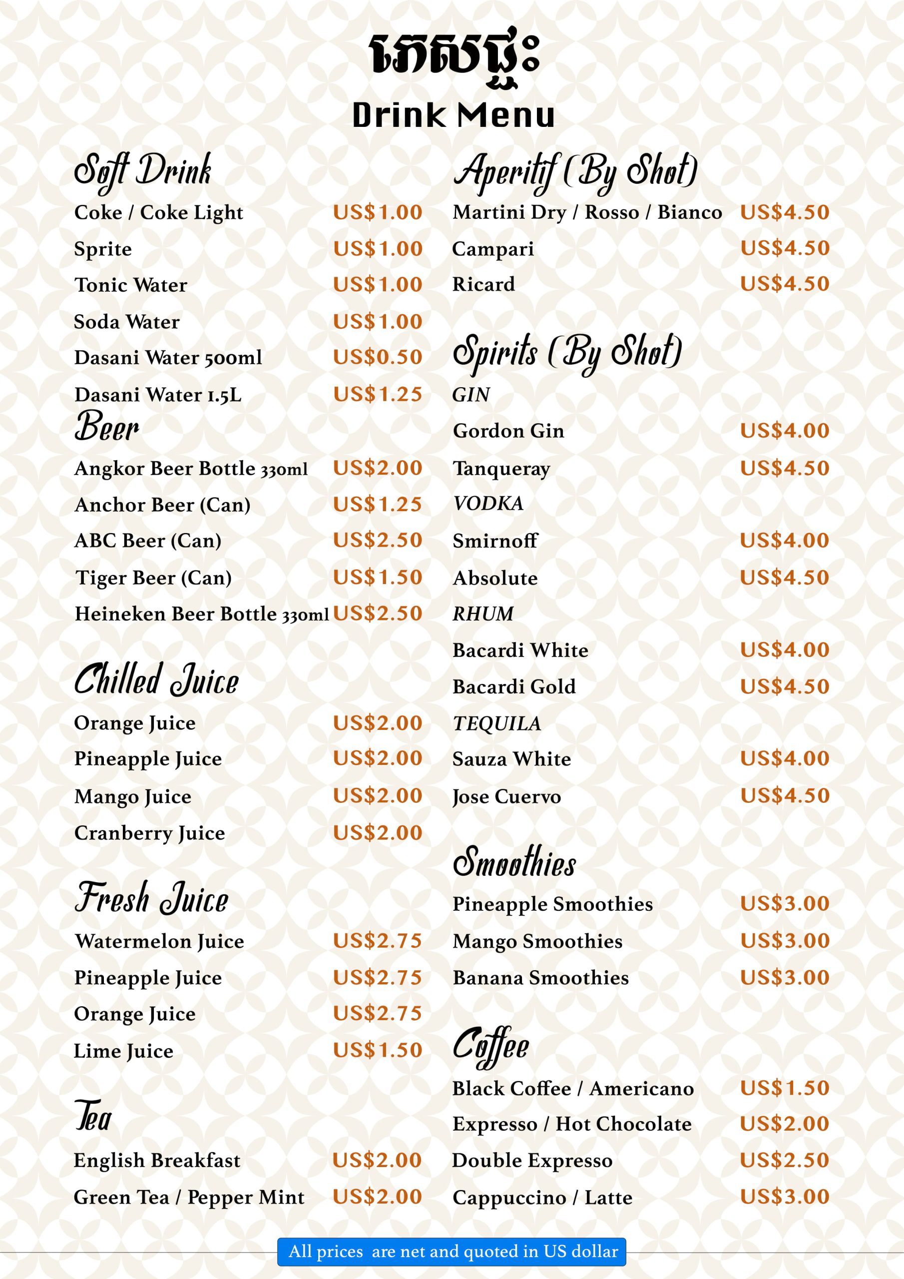 The official restaurant and bar drink menu with prices at Blanc Smith Hotel in Siem Reap.