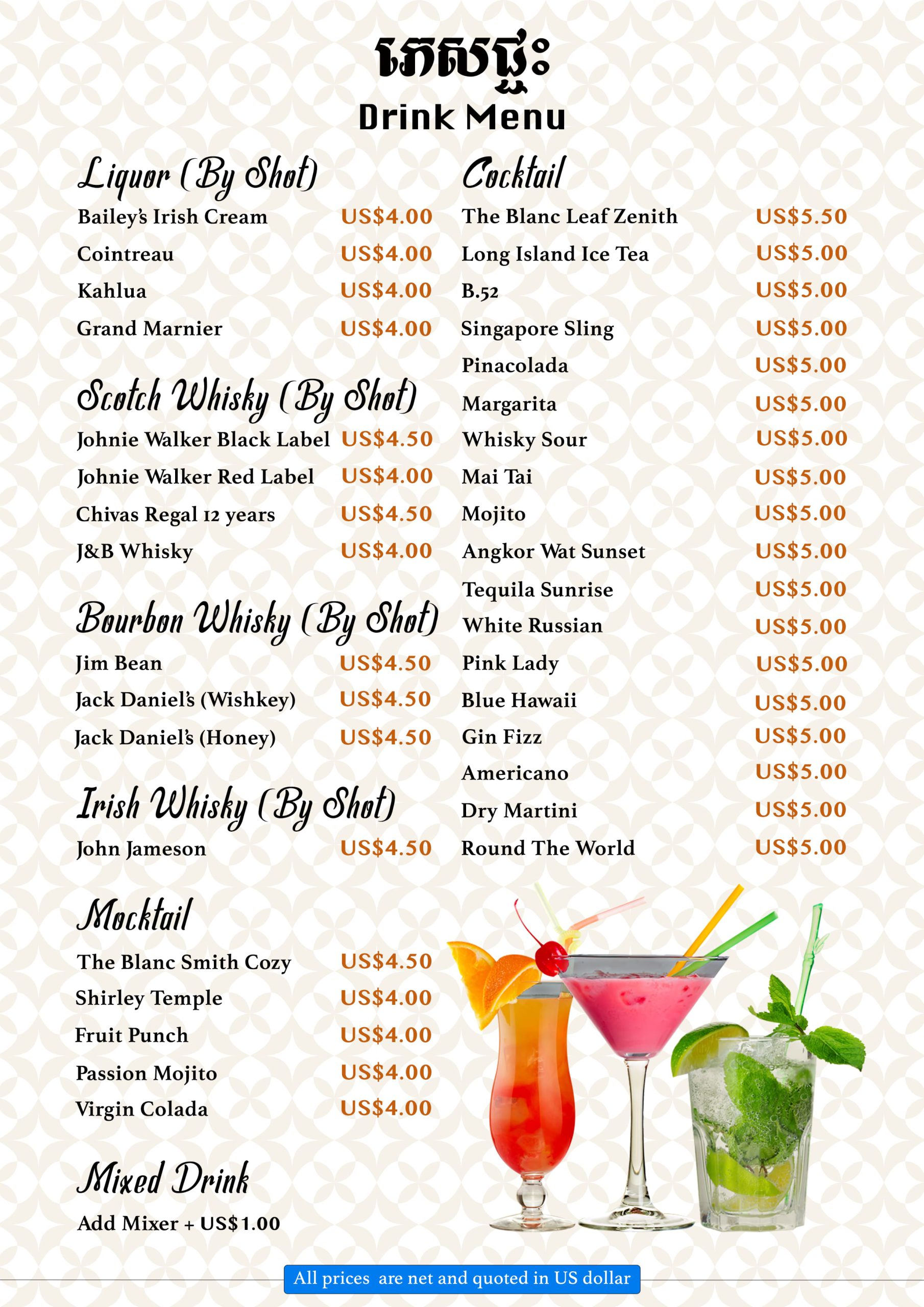 The cocktail and premium liquor drink menu at the Blanc Smith Hotel bar in Siem Reap.