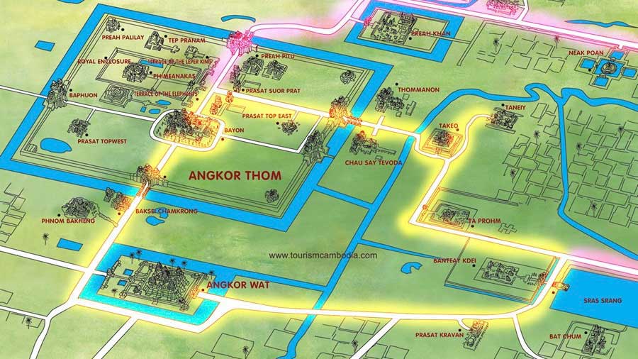 Angkor Archaeological Park tourist map outlining routes between Angkor Wat, Angkor Thom, and Ta Prohm temple ruins in Siem Reap.